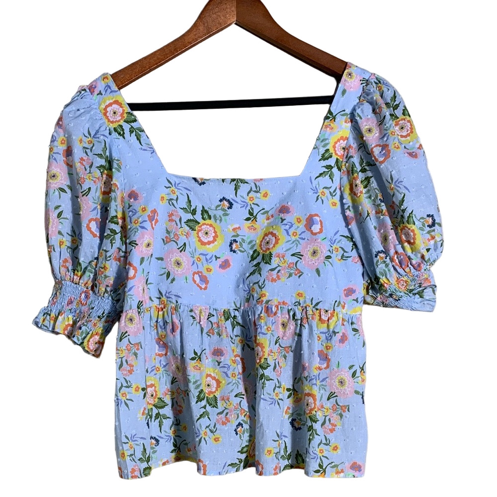 CROSBY by‎ Mollie Burch Light Blue Floral Blouse Bridgeton Vibes Romantic Size S